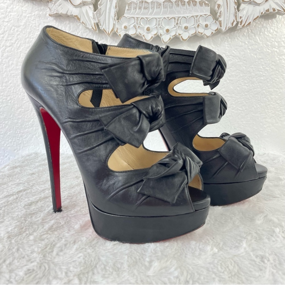 {Christian Louboutin} Madame Butterfly Black Leather Bow Booties, Size 37